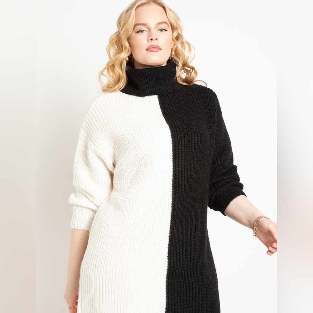 ELOQUII Black & White Turtleneck Tunic Sweater Dress